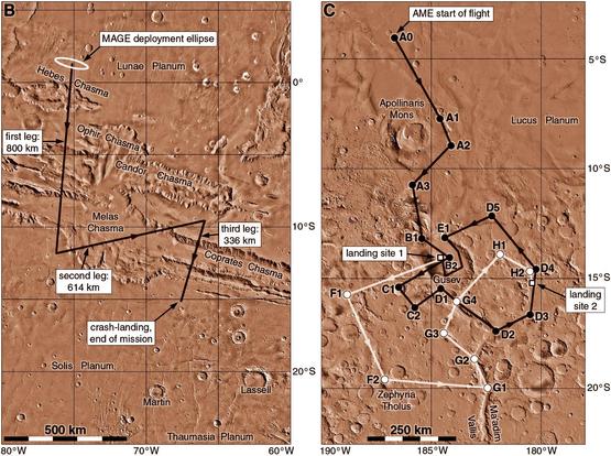 Two maps of areas on Mars where aircraft might fly, from proposals to the Discovery program in the 1990s. At left is MAGE, a geophysics mission to fly over the Valles Marineris canyon system. At right is AME, which would fly over and land in Gusev crater, where Spirit landed a few years later. 