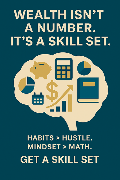  A bold infographic with the message “Wealth isn’t a number. It’s a skill set.” The image shows a brain filled with financial icons, including a piggy bank, calculator, calendar, dollar sign, pie charts, a rising bar graph, and a book. Below it reads: “Habits > Hustle. Mindset > Math. Get a skill set.” The design emphasizes that financial success comes from knowledge and habits, not just income.