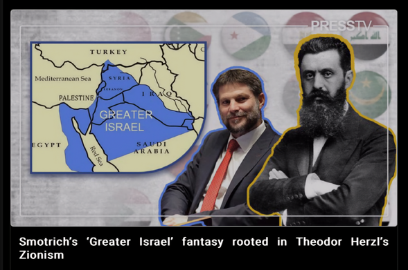 
Smotrich with ‘Greater Israel’ map. a fantasy rooted in Theodor Herzl's
Zionism
