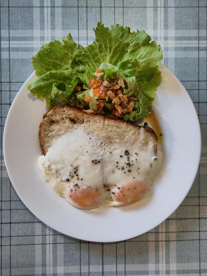 Oeufs cuits à la poêle dans du beurre et sur une tranche de pain. Accompagnés dans l'assiette de salade carottes oignons frits