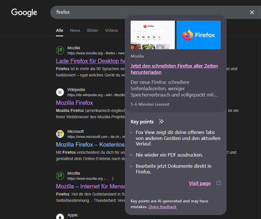 Das Popup der Linkpreviews in Firefox mit einer Zusammenfassung eines Resultats auf Google.