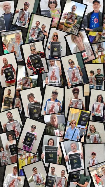 Collage de fotos de personas sosteniendo carteles que denuncian el genocidio de Gaza.