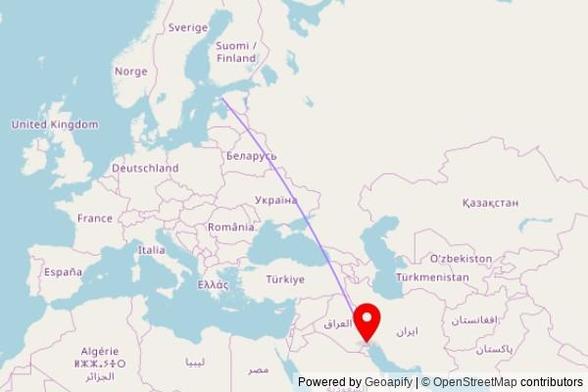 A map showing the great circle route from Haapsalu in Estonia to a map pin at خطوة علي ابن الحسين (ع), Al-Basra Governorate, 61031, Iraq