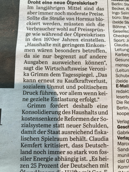 Zeitungsartikel, in dem die Wirtschaftsweise Veronika Grimm “Kosten senkende Reformen der Sozialsysteme”fordert, um zukünftigen Unbill abzuwenden 