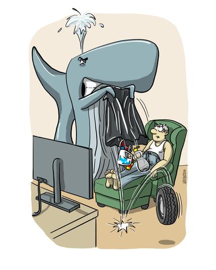Ein Wal kippt wutschnaubend einen Plastiksack mit Plastikmüll über einen Mann aus, der gemütlich vor seinem Fernseher in seinem Fernsehsessel sitzt.
A whale snorting with rage dumps a plastic bag full of plastic waste over a man, who is sitting comfortably in his armchair in front of his TV.