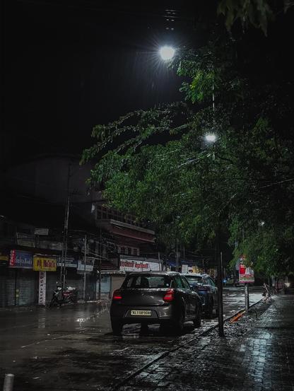 A dimly lit urban street at night during rainfall. A few cars are parked along the wet sidewalk, their surfaces reflecting the glow of streetlights. Shuttered storefronts line the left side, while dense trees on the right glisten with raindrops. The scene is moody and atmospheric, with puddles and reflections enhancing the quiet, rainy-night ambiance.