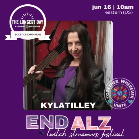 A purple poster showing Kyla Tilley in a purple dress and black jacket with her guitar slung over her shoulder.  It tells you that she'll be streaming at 10am eastern today (June 16th) in The Longest Day Twitch Streamers Festival to end Alzheimer's.  Organized by Together Wherever Unite.