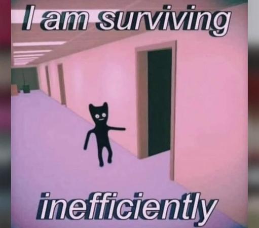 Low poly black cat walking on two in a pink liminal space : I am surviving inefficiently