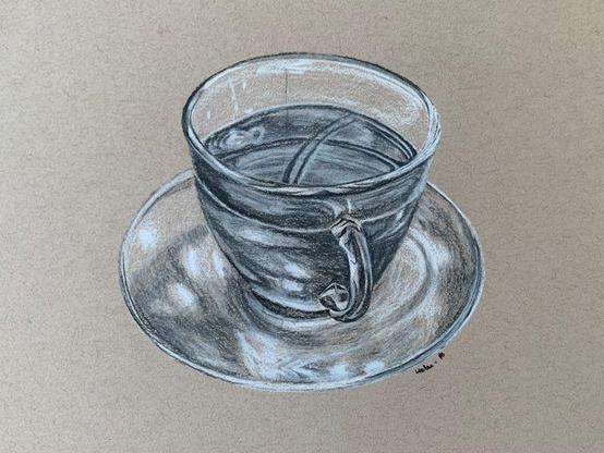 A glass teacup, containing translucent tea, drawn in chalk and charcoal on tan paper