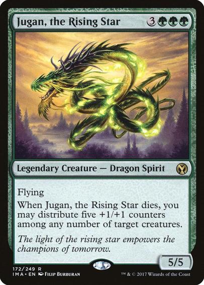 Card Name: Jugan, the Rising Star
Set: Iconic Masters
Description: Flying
When Jugan dies, you may distribute five +1/+1 counters among any number of target creatures.
Artist: Filip Burburan