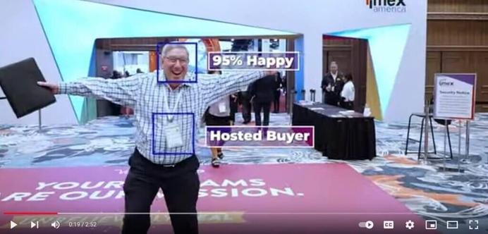 Screenshot from a Zenus YouTube video "Zenus AI: Ethical facial analysis at IMEX" https://www.youtube.com/watch?v=iU2MPjacpjI showing an attendee's sentiment analysis and badge information