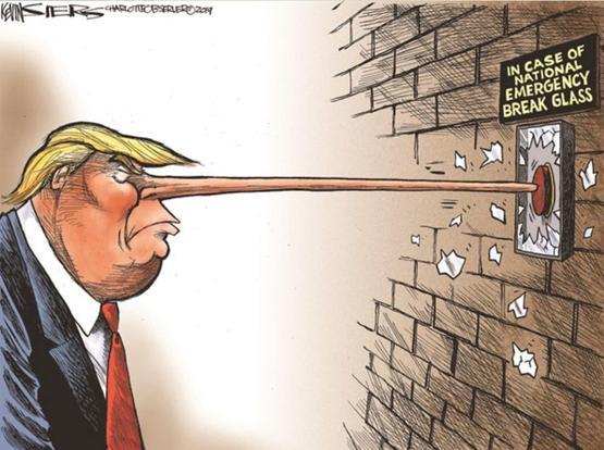 Cartoon image of Trump with his nose growing long like Pinocchio from lying so much that it breaks the glass of an emergency button labeled "In case of national emergency break glass".
