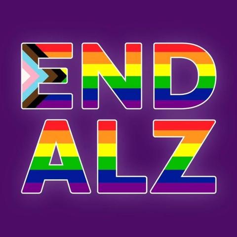 The words END ALZ (end Alzheimer's) on a purple background with the letters in the colours of the all inclusive pride flag.
