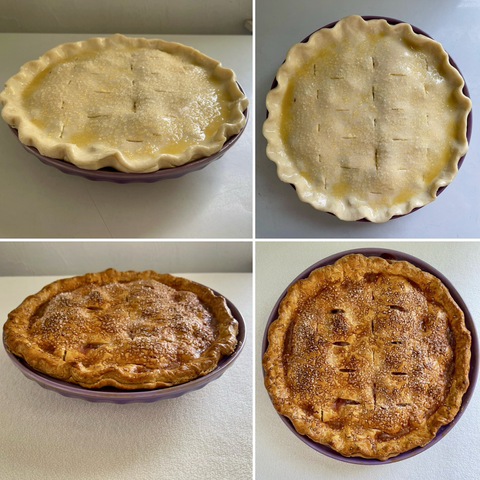 Four photos of a before and after pie being baked. The top two photos show the pie with an egg wash and a sprinkling of sugar. The bottom, two photo show it golden brown fresh from the oven.