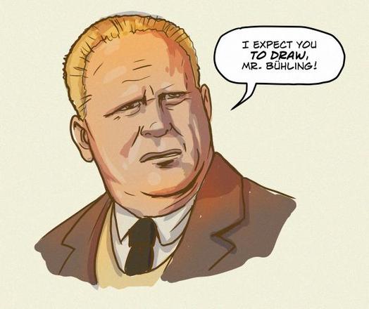 Quick comic doodle of Gert Fröbe as Goldfinger. Text written in a speech bubble says: I expect you to draw, Mr Bühling.