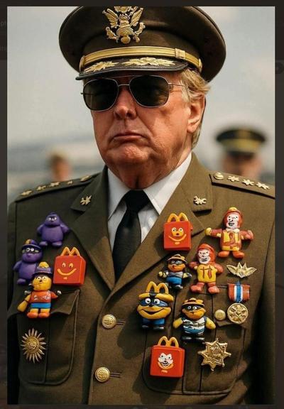 Copy of AI image of trump wearing military uniform, cap & dark glasses with jacket covered in medals but those medals are toy giveaways from mcdonalds happy meals 