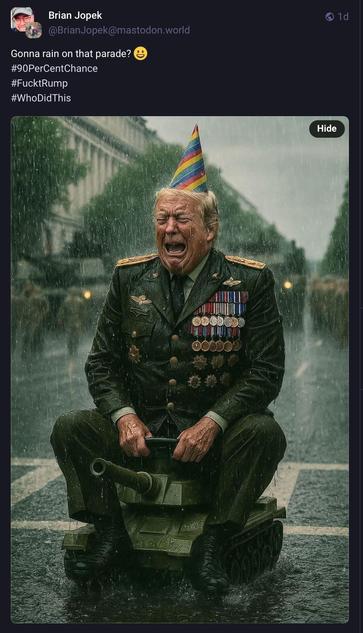 Copy of an AI image of trump wearing an army uniform covered in medals (think russian army) sitting on a small toy ride-on tank crying in the pouring rain, wearing a dunces hat and surrounded by a military parade 