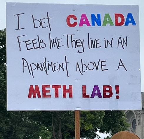 Photo of a board held by a demonstrator at a ‘no kings’ demo

Board reads -

“I bet Canada feels like they live in an apartment above a METH LAB !”