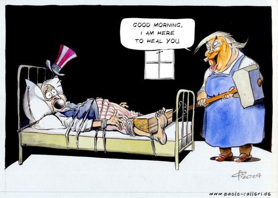 Caricature. 

Uncle Sam lies bound and gagged on a bed in a dark room with a wooden block clamped between his legs. #DonaldTrump stands at the end of the bed. He holds a giant hammer in his hands and addresses Uncle Sam: 
Good morning, I am here to heal you."

Source: 
https://mastodon.social/@p_calleri/114664474019488107