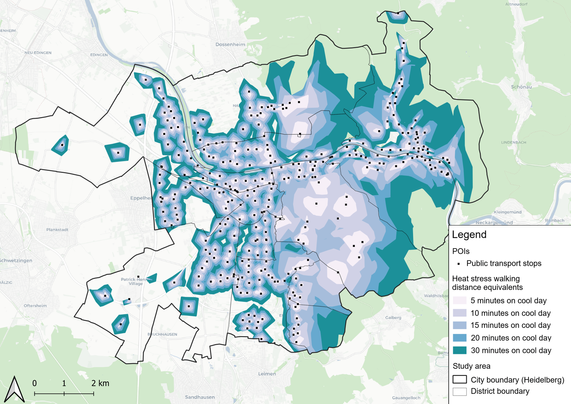 Map og Heidleberg showing "heat stress walking distance equivalents"