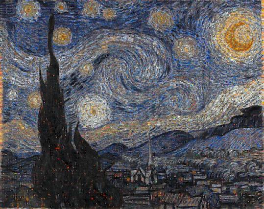 A pixelated mosaic recreation of Van Gogh’s The Starry Night, composed of 1,836 individual APOD images arranged into over 32,000 tiles. From a distance, the image resembles the iconic swirls and stars of the original painting, while up close, each tile reveals a photograph of a celestial object, such as galaxies, nebulae, planets, or deep-sky phenomena. The artwork celebrates the 30th anniversary of NASA’s Astronomy Picture of the Day.