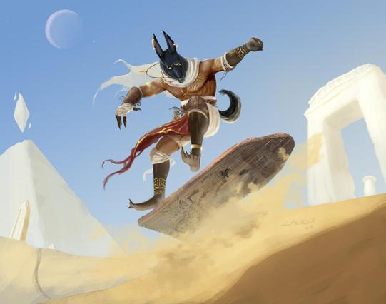 An illustration of Anubis "sandboarding" in the spirit of skateboarding. Artist: Jasmine Lacroix - https://www.artstation.com/lazybonescomics