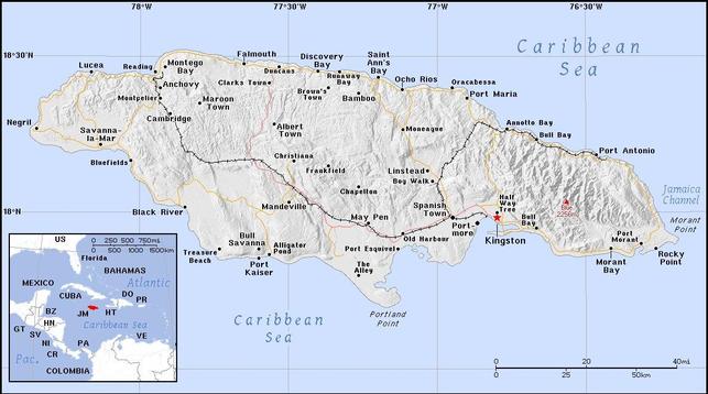 A map showing the location of Jamaica
Credit https://ian.macky.net/pat/