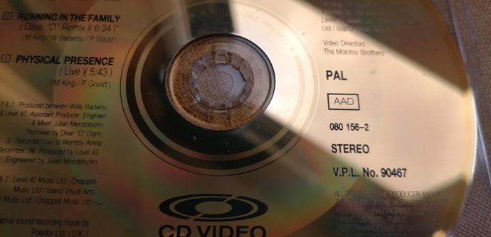 Close up of label side of gold cd with large CD Video text and oval disc logo. Also shows PAL video encoding text and AAD designation