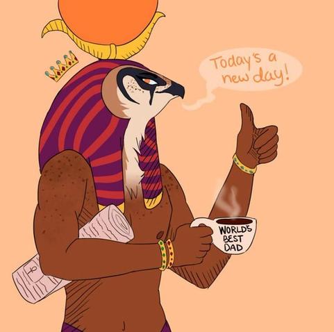 An illustration of Ra holding a newspaper and a coffee cup that reads World's Best Dad". Artist: Hibiscus-Dragon - https://www.deviantart.com/hibiscus-dragon