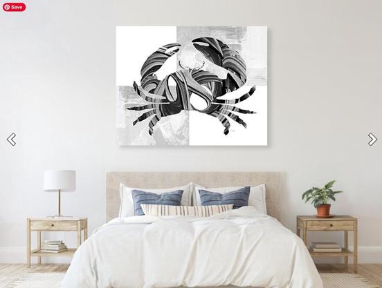 Black and white modern stone crab art by Sharon Cummings.  In a bedroom setting.