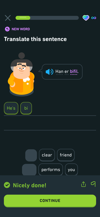 A screenshot of a DuoLinko exercise with the translation for "He's bi."