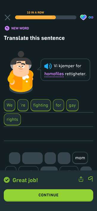 A screenshot of a DuoLinko exercise with the translation for "We're fighting for gay rights."