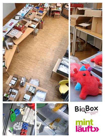 Collage mit Blick aus Vogelperspektive auf Tische mit Materialien zum Verpacken
