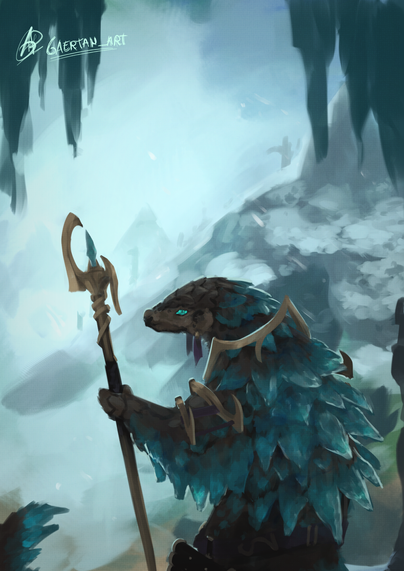 digital illustration depicting a scene in an icy mountain/cavern. In the background some ruins and icy mountains can be seen, and, in the foreground, there's an anthropomorphic pangolin, back turned to the camera, with ice-encrusted scales. They are holding a gilded staff with a blue crystal in the middle of its tip, and gilded adornments on the body. Scrolls and some sort of gear can be seen towards the bottom of the picture, but is cut off at the margin.