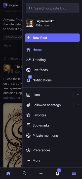 A screenshot of the Mastodon web app on a mobile device with the side menu open.