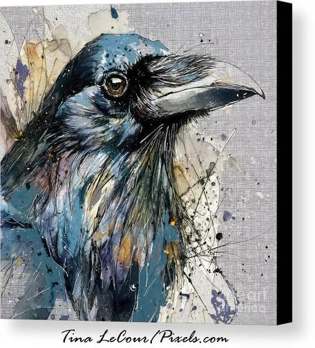 This is a mixed media canvas of a portrait of a black raven bird against a textured  grid background. 