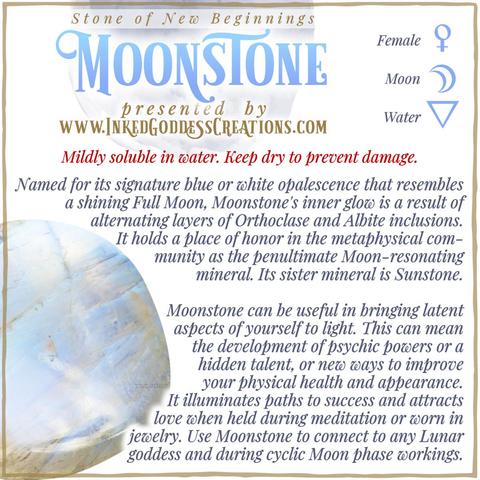 A polished chunk of moon stone sits against a white background. It's mainly white with brown inclusions and a blue flash. The text explains moonstone's metaphysical correspondences, some trivia about it, and ways to use it in your magickal practice. Presented by Inked Goddess Creations.