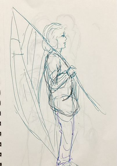 Green  pen sketch of a person with bushy hair in a sweatshirt holding a large flag