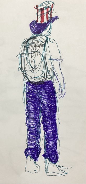 A pen sketch of a person in a red white and blue top hat. Blue pants, and backpack.
