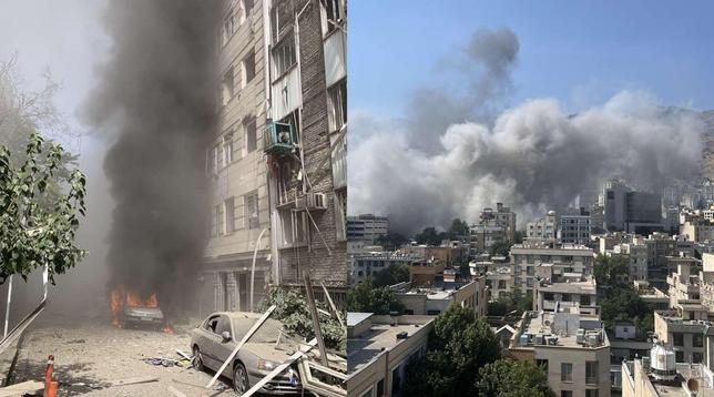 Two panels: Tehran under attack. On the left, a residential street covered in ash, apartment building with destroyed side, car in flames and a plume of smoke. On the right: large plumes of smoke rise from a residential neighborhood following aerial bombardment.