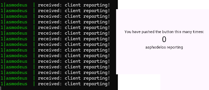 A screenshot of a server app and a client app communicating with each other, the server is on a console window while the client is on a phone