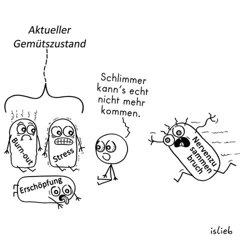 Der Comic hat die Überschrift "Aktueller Gemütszustand".

Ein Pfeil von der Überschrift zeigt auf eine Gruppe von drei Figuren, die verschiedene Zustände darstellen:

Eine Figur mit der Aufschrift "Burn-out", die erschöpft aussieht.
Eine zitternde Figur mit der Aufschrift "Stress".
Eine am Boden liegende Figur mit der Aufschrift "Erschöpfung".
Daneben sitzt eine kleine Strichfigur, die die Gruppe beobachtet und sagt: "Schlimmer kann's echt nicht mehr kommen."

Von der rechten Seite stürmt eine weitere, panisch aussehende Figur mit Rissen auf dem Körper ins Bild. Sie trägt die Aufschrift "Nervenzusammenbruch".