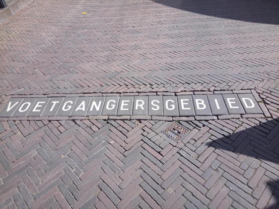 Piece of a street with ground bricks. Some bricks have letters printed on them spelling "Voetgangersgebied". 