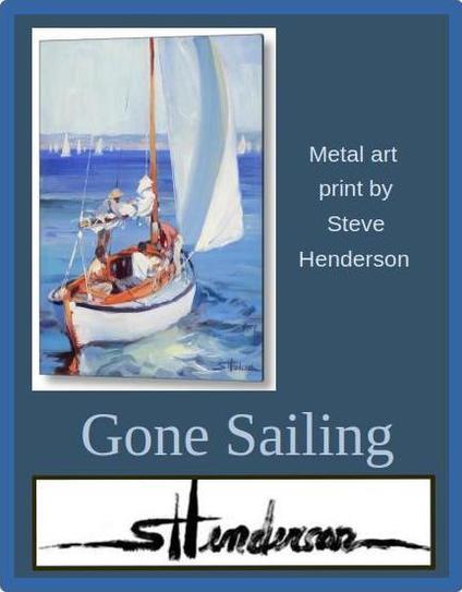 Metal print of an original oil painting depicting four men in a sailboat out on the bay.