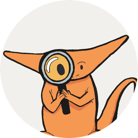 A Diplocualus cartoon character with a magifying glass