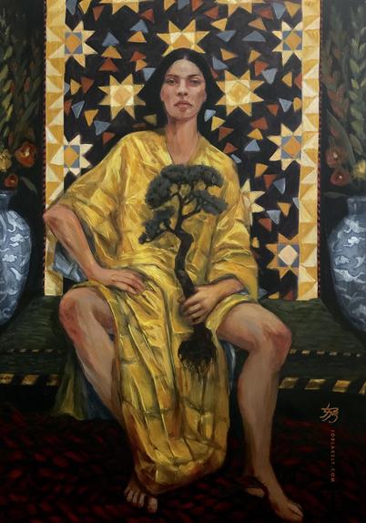 A woman with dark hair is in a seated swagger pose, head up, looking at viewer, her legs are manspreading, wearing a gold emergency blanket. She is holding an uprooted Bonsai Pine Tree. Behind her is a quilt pattern with the Morning Star pattern & Circles of Geese using the ‘flying geese quilting block’ in golds, ivory, and a rusty red and dark blue grey base. Flanking the quilt are large blue vases with images of white clouds and flying cranes, filled with gladiola in red and yellow. The green bench she sits on is trimmed with yellow caution tape and at her feet is a tangle of red danger tape. 