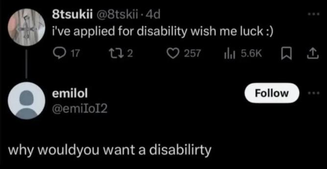 8tsukii

I've applied for disability wish me luck :)

emilol

why would you want a disarilirty