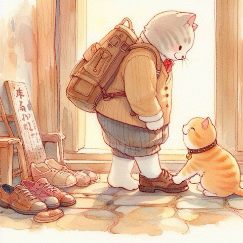 朝の玄関で甘える子猫