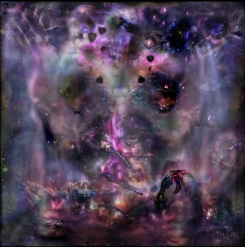 Une image digitale très organique avec une ambiance sombre aquatique et magique, truffé d'éléments et de texture de diverses couleurs et luminosité, elle constitue la pochette de l'album impr0 par Hildegarde et a été réalisée par Lily Shaffer