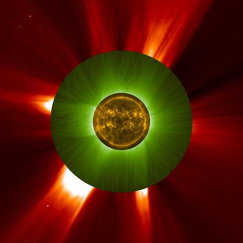 A multi-coloured high-energy image of the Sun, comprising parts taken by three satellites, each sensitive to a different part of the Sun and its extended corona. The inner part shows the disk of the Sun in yellow; the middle part is green showing the inner corona; the outer part is reddish, showing the more distant corona.
